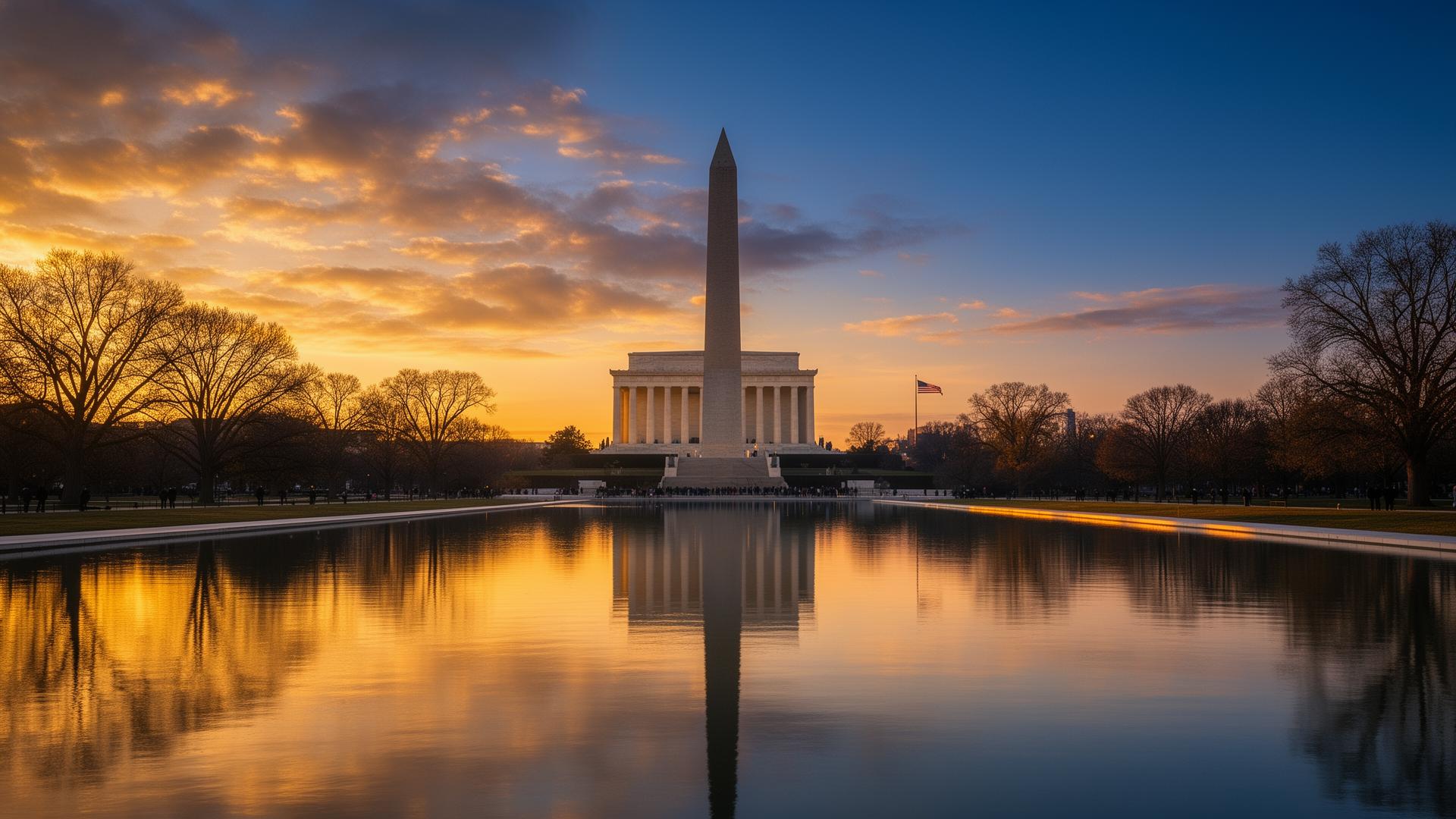Lincoln Memorial Reflecting Pool with the Washington Monument at twilight